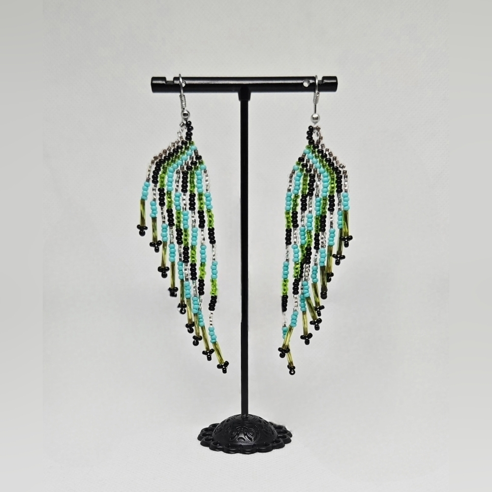 Handmade Beaded Fringe Earrings – Green, Blue & Black Boho Festival Jewelry